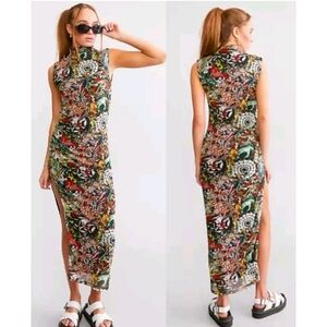 Ed Hardy Y2K Mesh Tattoo Print Sleeveless Ruched Bodycon Maxi Dress